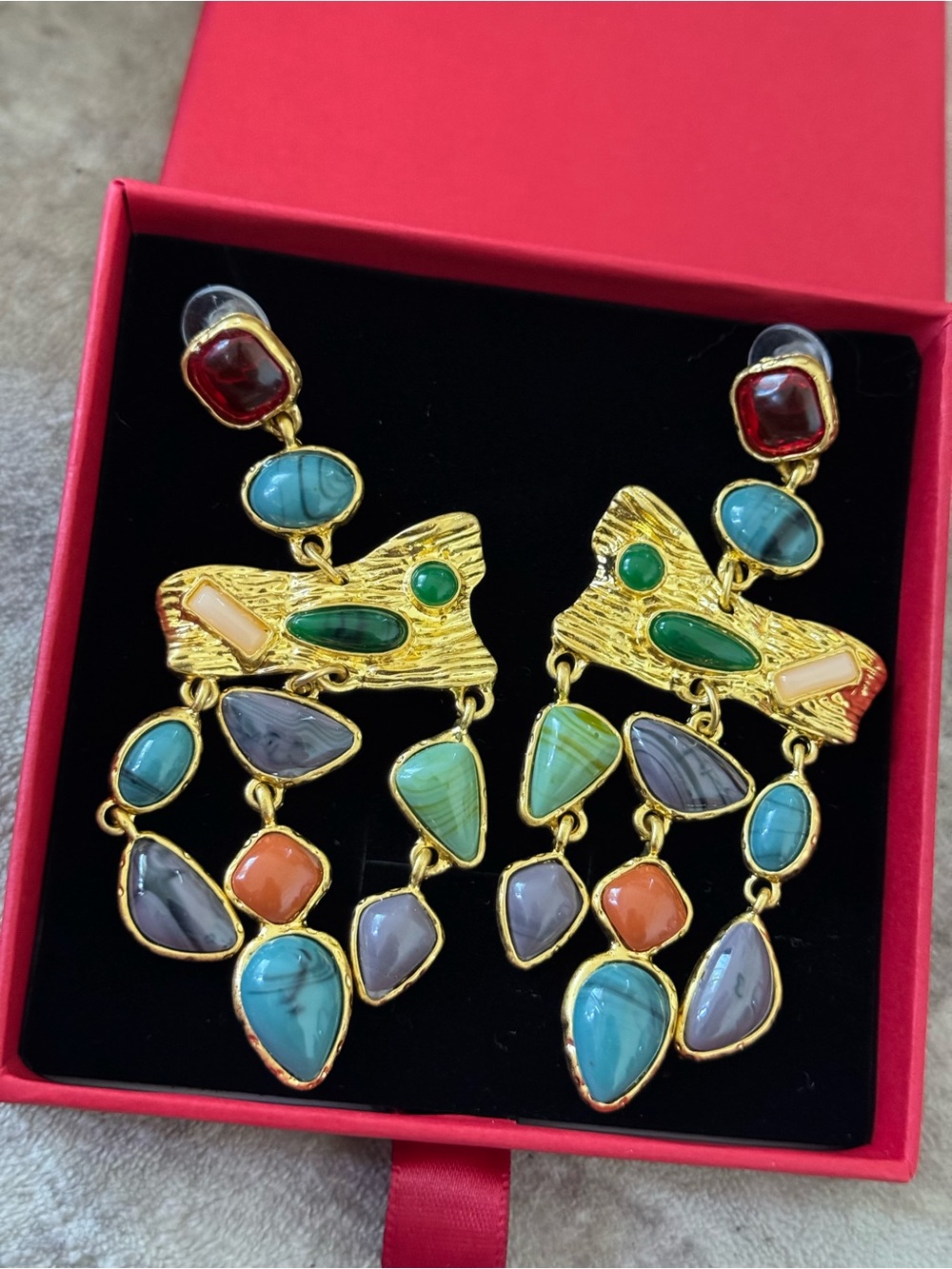 Vintage Gold Multi-Gem Dangle Earrings with Red and Teal Accents